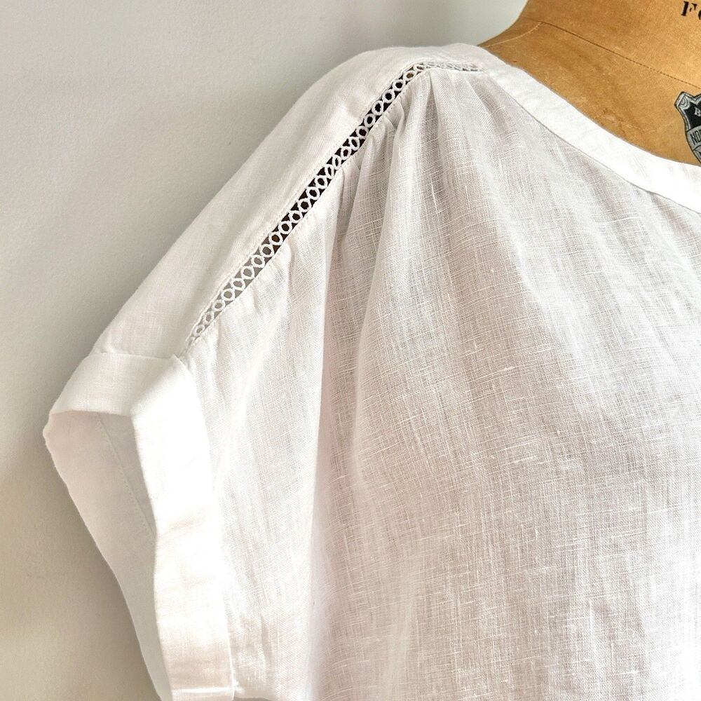 Ann Taylor White 100% Linen Blouse Lace Trim Rolled Sleeve Relaxed L - Picture 5 of 8